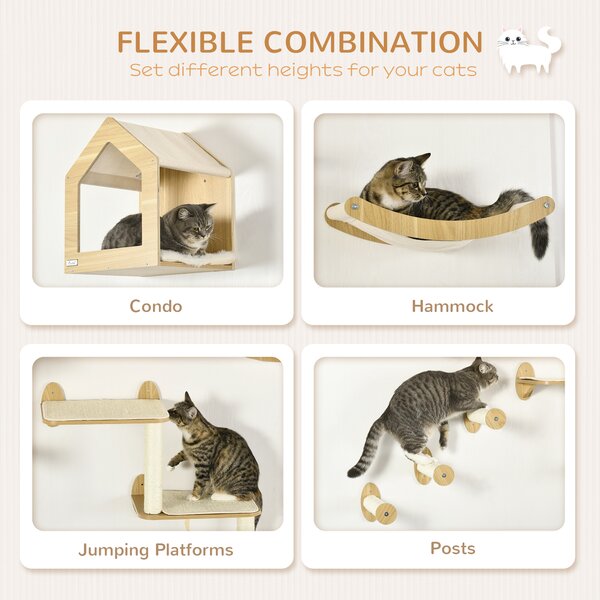 PawHut 8PCs Cat Shelves Set, Cat Wall Furniture w/ Condo, 3 Perches, 3 Scratching Posts, Wall Mounted Cat Tree for Indoor Cats, Beige Aosom UK