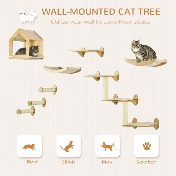 PawHut 8PCs Cat Shelves Set, Cat Wall Furniture w/ Condo, 3 Perches, 3 Scratching Posts, Wall Mounted Cat Tree for Indoor Cats, Beige Aosom UK