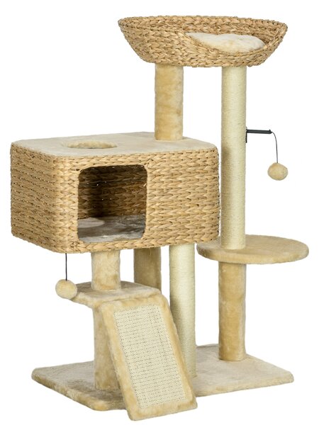 PawHut 95cm Cat Tree Tower for Indoor Cats, with Scratching Post, Cat House, Toy Ball, Platform - Beige