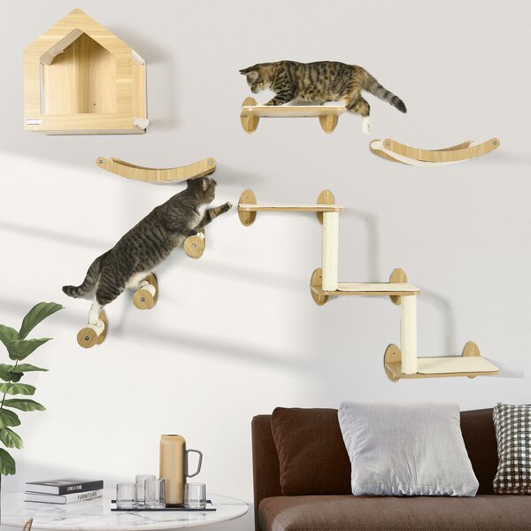 PawHut 8PCs Cat Shelves Set, Cat Wall Furniture w/ Condo, 3 Perches, 3 Scratching Posts, Wall Mounted Cat Tree for Indoor Cats, Beige Aosom UK