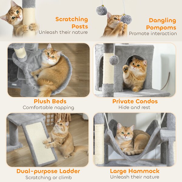 PawHut Cat Tree, 192 cm Large Multi-Level Cat Tower for Indoor Kittens with 8 Scratching Posts, 3 Plush Beds, 2 Hammocks