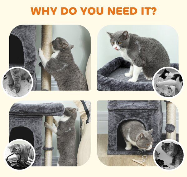 PawHut 66 cm Small Cat Tree for Large Cats, Cat Tower w/ Large Top Perch, 2 Condos, Sisal Scratching Post, Toy Ball, Dark Grey