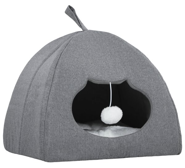 PawHut Cat Cave Bed for Indoor Kittens, Cat House with Removable Cushion and Teaser Ball, Kitty Igloo with Anti-Slip Base, 42 x 42 x 39 cm, Grey