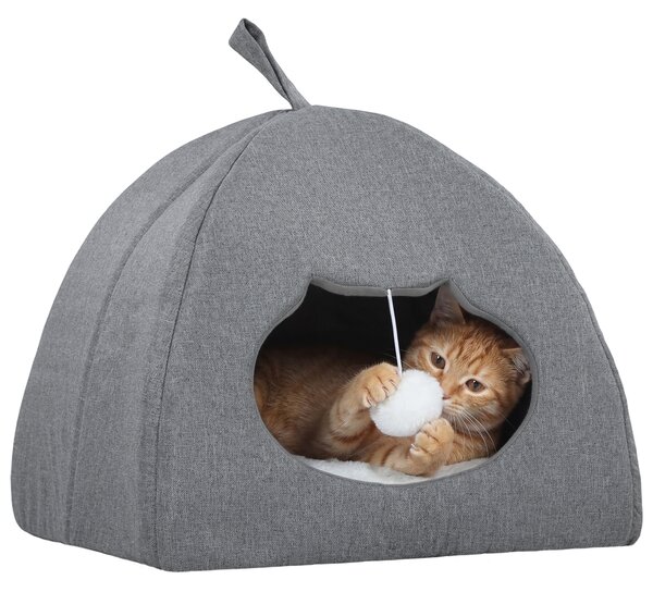 PawHut Cat Cave Bed for Indoor Kittens, Cat House with Removable Cushion and Teaser Ball, Kitty Igloo with Anti-Slip Base, 42 x 42 x 39 cm, Grey