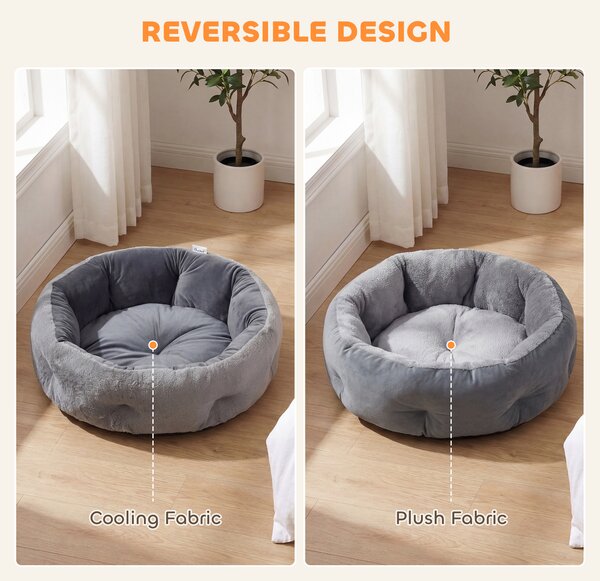 PawHut Cat Bed, Reversible Dog Pet Bed for Indoor Cats and Small Dogs, Round Bed with Supportive Bolster, Dark Grey