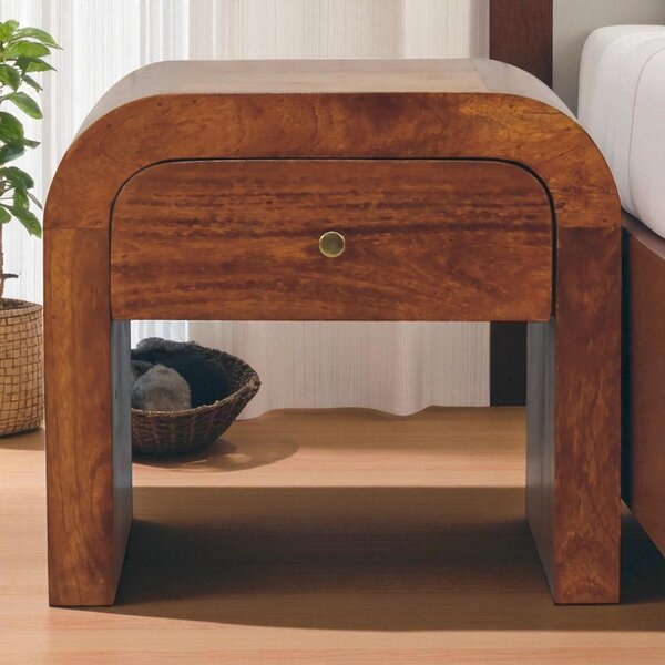 Solid Mango Wood Drum-Style Bedside Table with Smooth-Gliding Drawer, Handcrafted Desk with Stain Finish, 35L x 45W x 40H cm, Brown Aosom UK