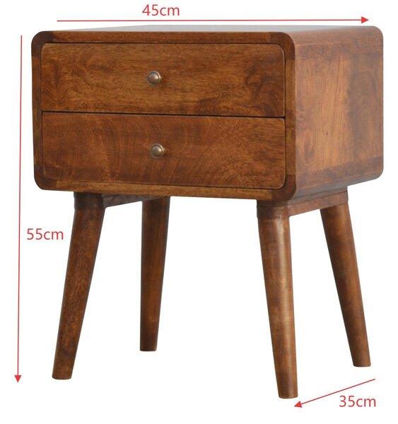 Solid Wood Curved Bedside Table with 2 Drawers and Natural Wood Grain, Handcrafted Desk for Living Room, 35L x 45W x 55H cm, Brown Aosom UK