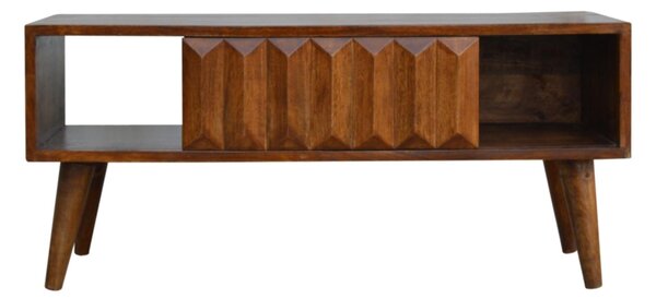 Solid Mango Wood Media Unit with Sliding Door and Open Slot Storage, Hand-finished Table with Unique Grain, 35L x 88W x 40H cm, Brown Aosom UK