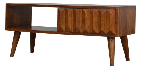 Solid Mango Wood Media Unit with Sliding Door and Open Slot Storage, Hand-finished Table with Unique Grain, 35L x 88W x 40H cm, Brown Aosom UK