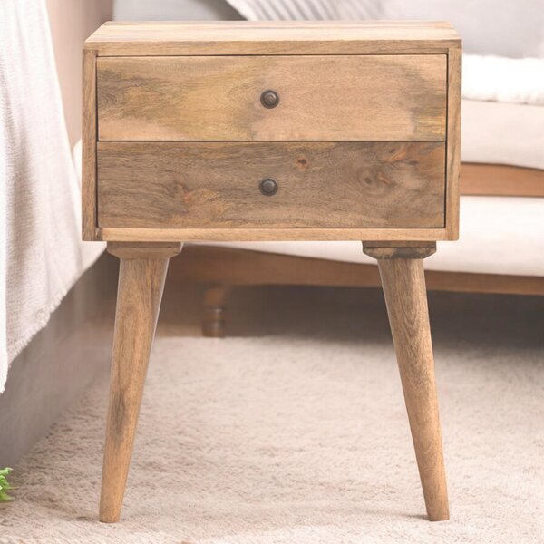 Solid Mango Wood Bedside Table with Nordic Legs and Clear Natural Finish, Bedside Cabinet with 2 Drawers, 35L x 45W x 57H cm, Brown Aosom UK
