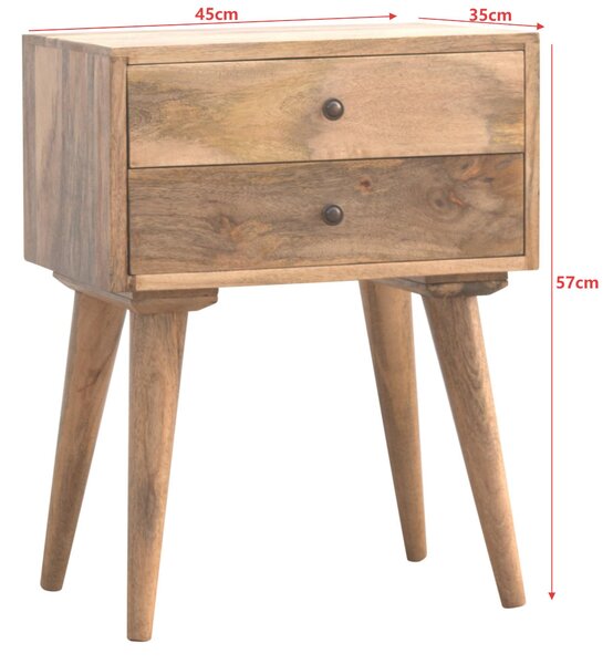 Solid Mango Wood Bedside Table with Nordic Legs and Clear Natural Finish, Bedside Cabinet with 2 Drawers, 35L x 45W x 57H cm, Brown Aosom UK