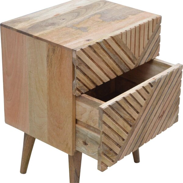 100% Solid Wood 2-Drawer Bedside Table with Zig-Zag Geometric Front, Desk with Hand-Finished Craftsmanship, 35L x 45W x 58H cm, Brown Aosom UK
