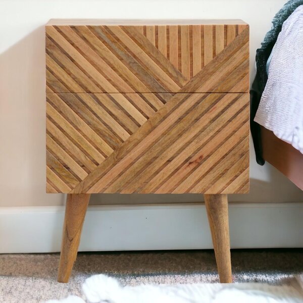 100% Solid Wood 2-Drawer Bedside Table with Zig-Zag Geometric Front, Desk with Hand-Finished Craftsmanship, 35L x 45W x 58H cm, Brown Aosom UK