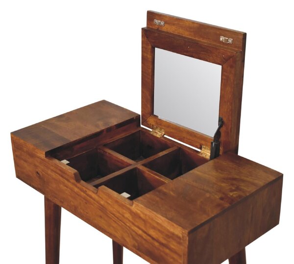 Solid Wood Mini Folding Vanity with Single Drawer and Folding Mirror, Handcrafted Desk with Deep-stain Finish, 35L x 70W x 78H cm, Brown Aosom UK