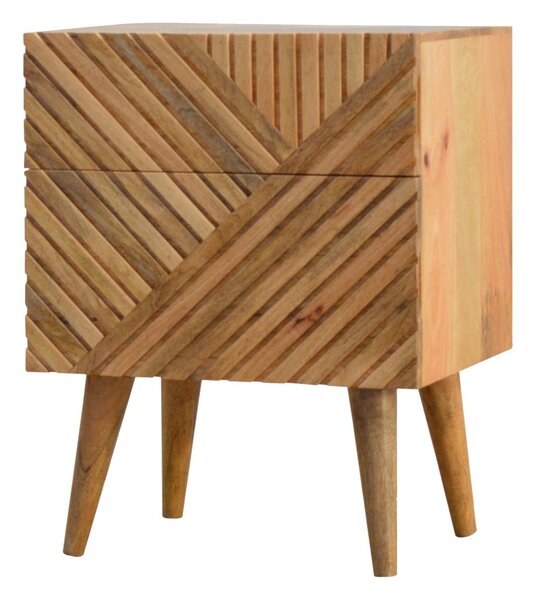 100% Solid Wood 2-Drawer Bedside Table with Zig-Zag Geometric Front, Desk with Hand-Finished Craftsmanship, 35L x 45W x 58H cm, Brown Aosom UK