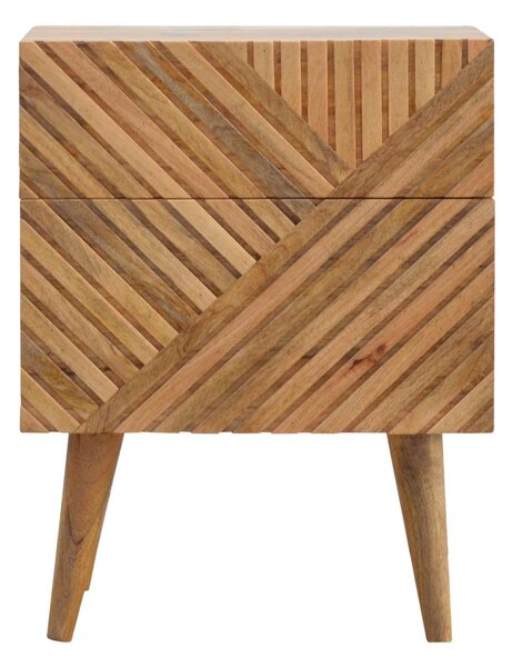 100% Solid Wood 2-Drawer Bedside Table with Zig-Zag Geometric Front, Desk with Hand-Finished Craftsmanship, 35L x 45W x 58H cm, Brown Aosom UK