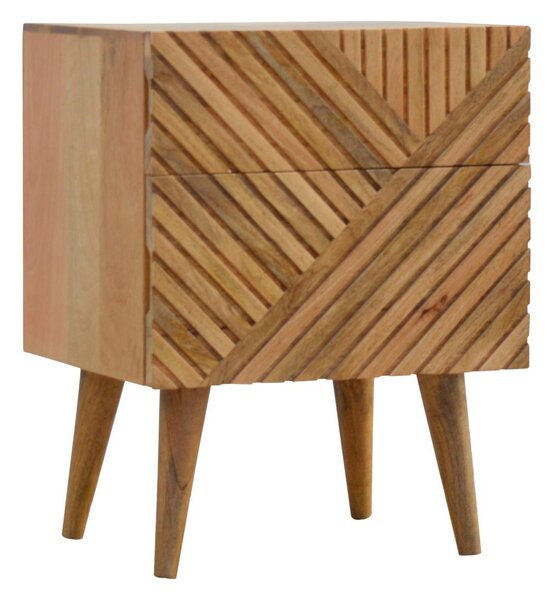 100% Solid Wood 2-Drawer Bedside Table with Zig-Zag Geometric Front, Desk with Hand-Finished Craftsmanship, 35L x 45W x 58H cm, Brown Aosom UK