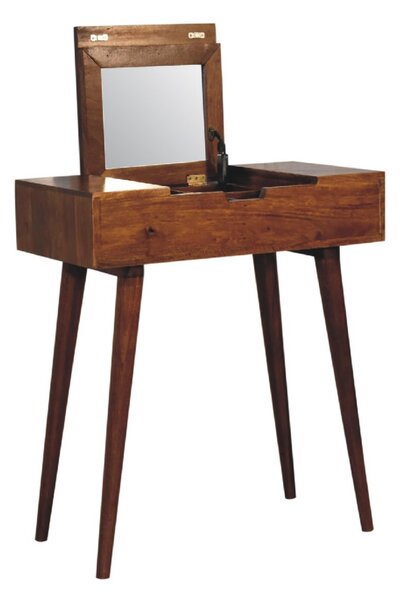 Solid Wood Mini Folding Vanity with Single Drawer and Folding Mirror, Handcrafted Desk with Deep-stain Finish, 35L x 70W x 78H cm, Brown Aosom UK