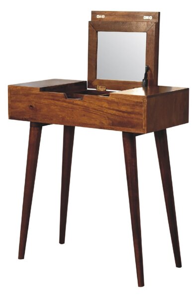 Solid Wood Mini Folding Vanity with Single Drawer and Folding Mirror, Handcrafted Desk with Deep-stain Finish, 35L x 70W x 78H cm, Brown Aosom UK