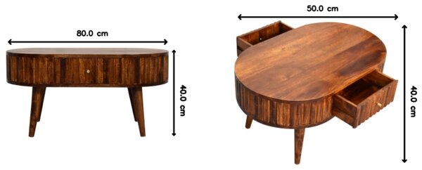 Solid Mango Wood Round Coffee Table with 2 Smooth-Gliding Drawers, Handcrafted Eco-Friendly Desk for Living Room, 50L x 80W x 40H cm, Brown Aosom UK