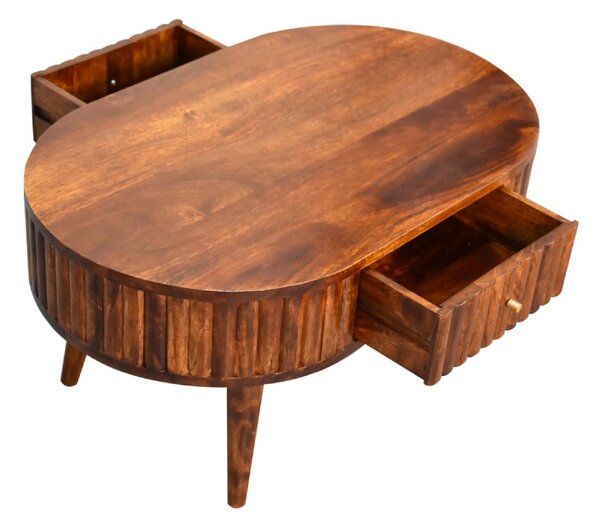 Solid Mango Wood Round Coffee Table with 2 Smooth-Gliding Drawers, Handcrafted Eco-Friendly Desk for Living Room, 50L x 80W x 40H cm, Brown Aosom UK