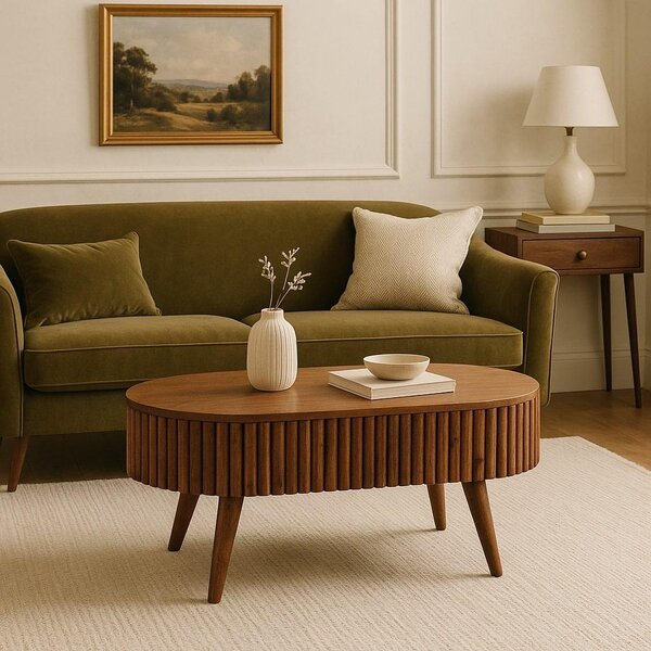 Solid Mango Wood Round Coffee Table with 2 Smooth-Gliding Drawers, Handcrafted Eco-Friendly Desk for Living Room, 45L x 85W x 38H cm, Brown Aosom UK