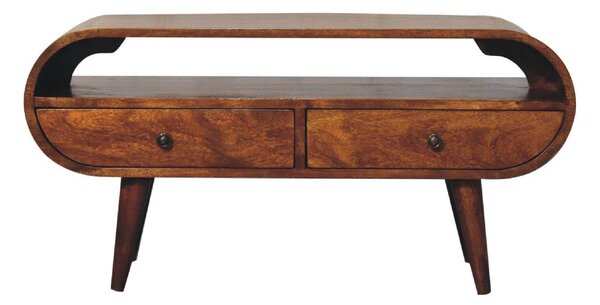 100% Solid Mango Wood Round TV Stand with 2 Smooth‑Gliding Drawers and Open Slot, Table for Living Room, 35L x 90W x 45H cm, Brown Aosom UK