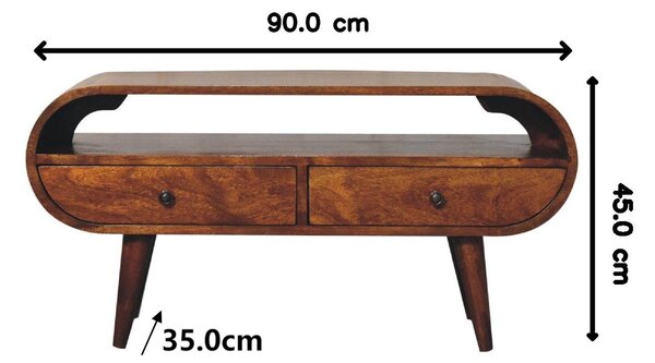 100% Solid Mango Wood Round TV Stand with 2 Smooth‑Gliding Drawers and Open Slot, Table for Living Room, 35L x 90W x 45H cm, Brown Aosom UK