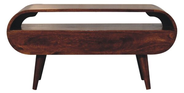 100% Solid Mango Wood Round TV Stand with 2 Smooth‑Gliding Drawers and Open Slot, Table for Living Room, 35L x 90W x 45H cm, Brown Aosom UK