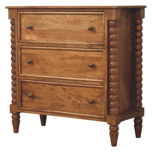 Solid Mango Wood Spindle Chest with 3 Drawers and Turned Spindle Legs, Bedside Cabinet with Ample Storage, 35L x 80W x 80H cm, Brown Aosom UK