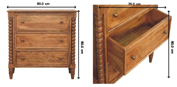 Solid Mango Wood Spindle Chest with 3 Drawers and Turned Spindle Legs, Bedside Cabinet with Ample Storage, 35L x 80W x 80H cm, Brown Aosom UK