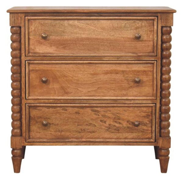 Solid Mango Wood Spindle Chest with 3 Drawers and Turned Spindle Legs, Bedside Cabinet with Ample Storage, 35L x 80W x 80H cm, Brown Aosom UK