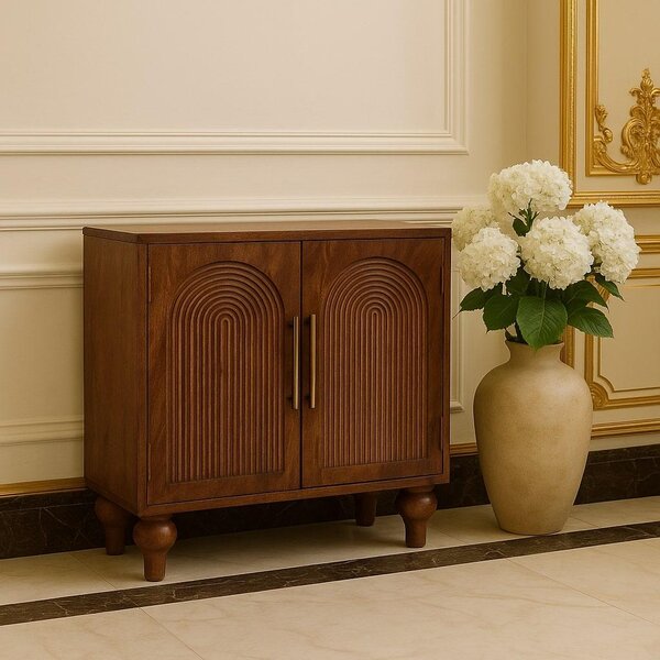 Solid Mango Wood Arco Groove Sideboard with Whimsical Animal Motif, 2-Door Sideboard Ideal for Living Room, 35L x 75W x 71H cm, Brown Aosom UK