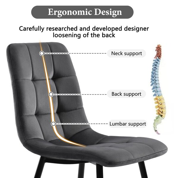Upholstered Velvet Dining Chairs Set of 4 with Metal Frame, Ergonomic Design, Kitchen Chairs for Dining Room Table, 44x41x86 cm, Gray Aosom.UK