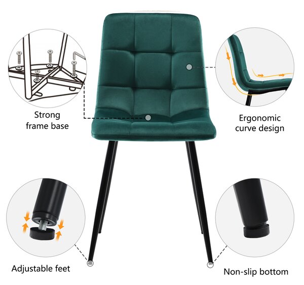 Set of 4 Upholstered Velvet Dining Chairs with Metal Frame, Ergonomic Design, 4-Set Upholstered Chair with Backrest, 44x41x86 cm, Green Aosom UK