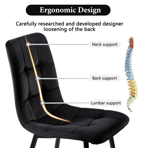 Set of 4 Upholstered Velvet Dining Chairs with Metal Frame, Ergonomic Design, 4-Set Upholstered Chair with Backrest, 44x41x86 cm, Black Aosom UK