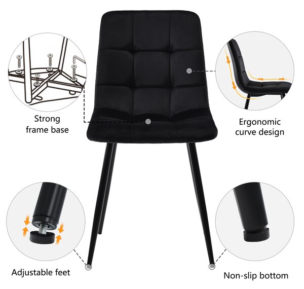 Set of 4 Upholstered Velvet Dining Chairs with Metal Frame, Ergonomic Design, 4-Set Upholstered Chair with Backrest, 44x41x86 cm, Black Aosom UK