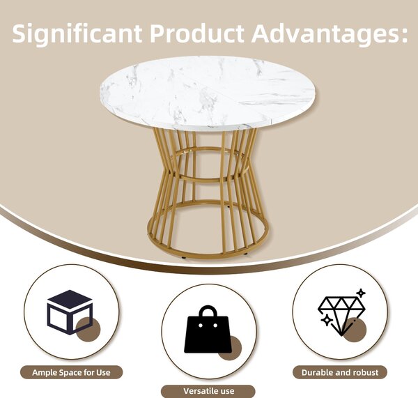 Modern Round Dining Table with MDF Marble Pattern Top, Sturdy Metal Frame, Perfect for Dining, Working, 100L x 100W x 75H cm, Gold+White Aosom.UK