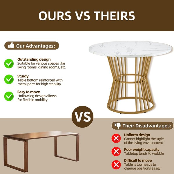 Modern Round Dining Table with MDF Marble Pattern Top, Sturdy Metal Frame, Perfect for Dining, Working, 100L x 100W x 75H cm, Gold+White Aosom.UK