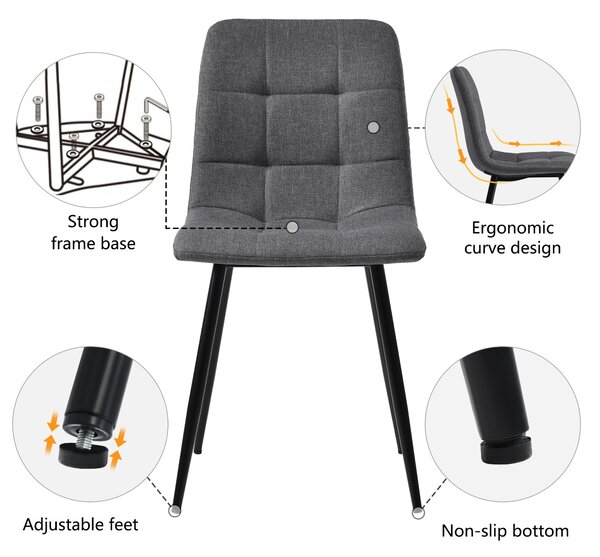 Set of 4 Ergonomic Linen Upholstered Dining Chairs with Metal Frame and Backrest, Dining Chairs for Kitchen, Dining Room, 44x41x86 cm, Gray Aosom UK