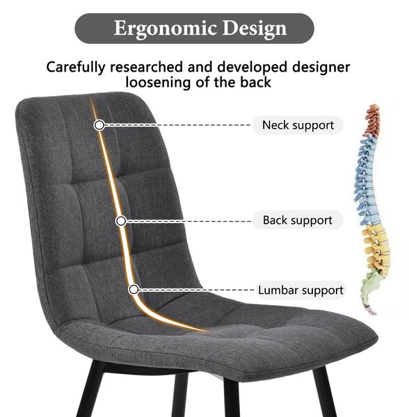 Set of 4 Ergonomic Linen Upholstered Dining Chairs with Metal Frame and Backrest, Dining Chairs for Kitchen, Dining Room, 44x41x86 cm, Gray Aosom UK