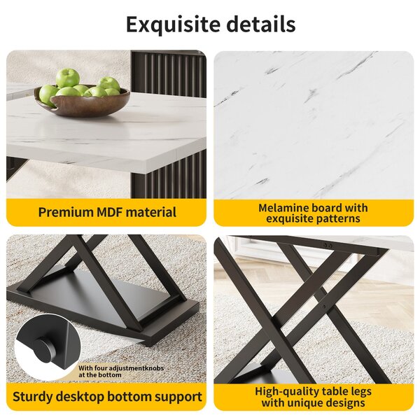 Extending Dining Table and Chairs with 4 Velvet Chairs, Marble Tabletop, Elegant 5-Piece Dining Set for Kitchen, 160L x 80W x 75H cm, White & Black Aosom UK