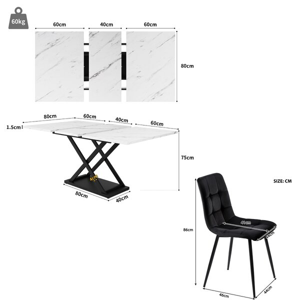 Extending Dining Table and Chairs with 4 Velvet Chairs, Marble Tabletop, Elegant 5-Piece Dining Set for Kitchen, 160L x 80W x 75H cm, White & Black Aosom UK
