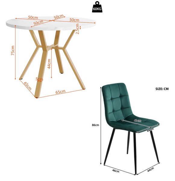 Round Dining Table Set with 4 Ergonomic Velvet Chairs, Gold Metal Legs & Marble Tabletop, Perfect for Modern Interiors, White+Green Aosom UK