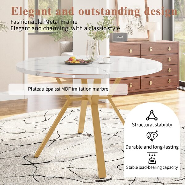 Round Dining Table Set with 4 Ergonomic Velvet Chairs, Gold Metal Legs & Marble Tabletop, Perfect for Modern Interiors, White+Green Aosom UK