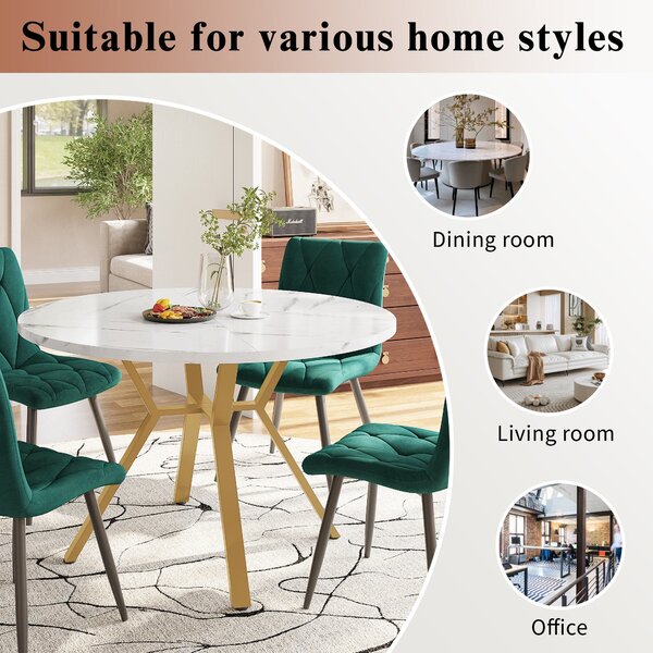 Round Dining Table Set with 4 Ergonomic Velvet Chairs, Gold Metal Legs & Marble Tabletop, Perfect for Modern Interiors, White+Green Aosom UK