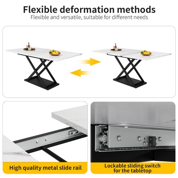 Extending Dining Table and Chairs with 4 Velvet Chairs, Marble Tabletop, Elegant 5-Piece Dining Set for Kitchen, 160L x 80W x 75H cm, White & Black Aosom UK