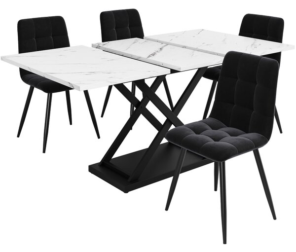 Extending Dining Table and Chairs with 4 Velvet Chairs, Marble Tabletop, Elegant 5-Piece Dining Set for Kitchen, 160L x 80W x 75H cm, White & Black Aosom UK
