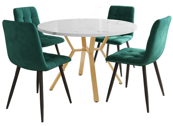 Round Dining Table Set with 4 Ergonomic Velvet Chairs, Gold Metal Legs & Marble Tabletop, Perfect for Modern Interiors, White+Green Aosom UK