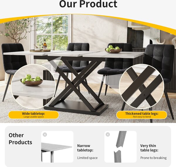 Extending Dining Table and Chairs with 4 Velvet Chairs, Marble Tabletop, Elegant 5-Piece Dining Set for Kitchen, 160L x 80W x 75H cm, White & Black Aosom UK